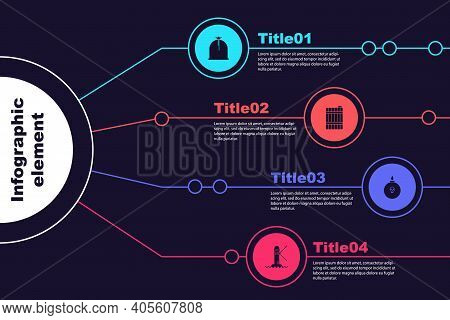 Set Pirate Sack, Wooden Barrel, Bomb Ready To Explode And Lighthouse. Business Infographic Template.