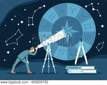 Vector Illustration Of Modern Astrologer Making Horoscopes