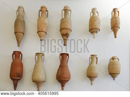 Seville, Spain - Jul 7, 2018: Roman Amphoras. Seville Archeological Museum