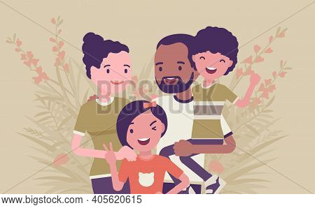 Multicultural Happy Family, Parents And Kids Of Different Race, Culture. Father, Mother, Son, Daught