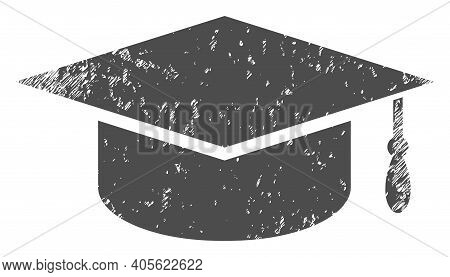 Graduation Cap Icon With Grunge Effect. Isolated Raster Graduation Cap Icon Image With Grunge Rubber