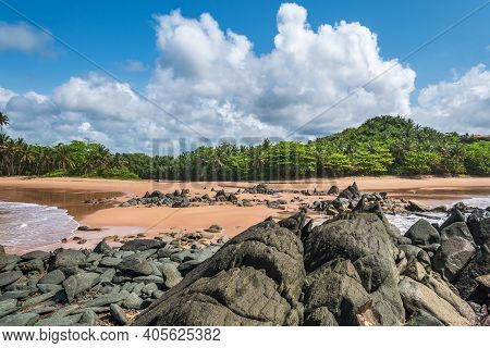 Ghana Beach With Rocks And Sea Meet From Two Sides And Closed Lagoon, The Place Is Ghana Axim West A