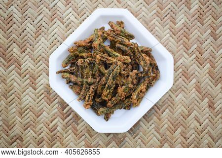 Indian Special Dish Okra Fry With Gramflour Also Known As Kurkuri Bhindi. Served As Starter Snack Wi