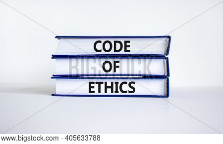 Code Of Ethics Symbol. Books With Words 'code Of Ethics' On Beautiful White Table, White Background.
