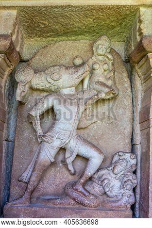 Aihole, Karnataka, India - November 7, 2013: Durga Gudi Or Temple. Gray Stone Statue Of Vishnu As Va
