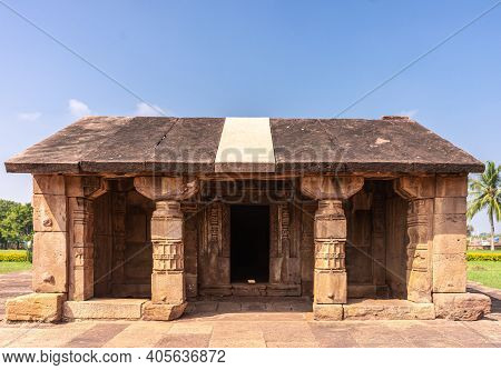 Aihole, Karnataka, India - November 7, 2013: Unnamed Ancient Empty Brown Stone Temple Building Under