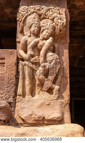 Aihole, Karnataka, India - November 7, 2013: Lad Khan Temple. Closeup Of Brown Stone Statue Of Coupl