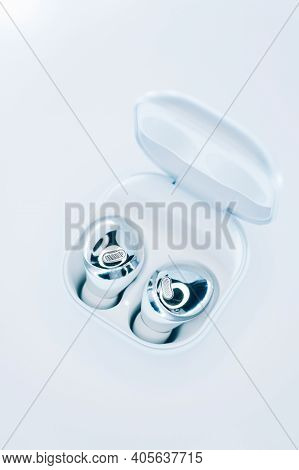 Kiev, Ukraine - January 29, 2021: A Box With New Headphones Samsung Buds Pro On White Background