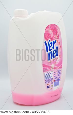Plastic Black Detergent Bottle, Vernel Fabric Softener, Istanbul Turkey March 17, 2019 Isolated On W