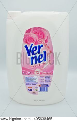 Plastic Black Detergent Bottle, Vernel Fabric Softener, Istanbul Turkey March 17, 2019 Isolated On W
