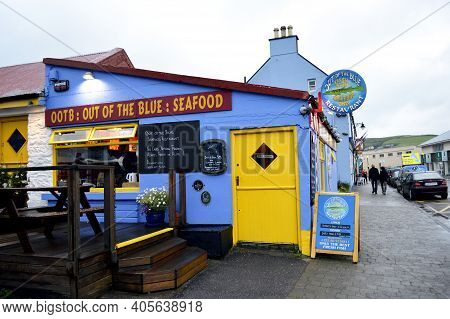 Dingle, Ireland, July 10, 2016. Street View Of A Colourful Seafood Restaurant At Dingle Town Centre,