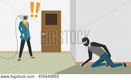 Security Man With Head Cctv He Stood Surveillance In Front Of The Door And Discovered Something. Thi