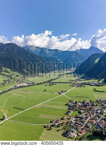 Aerial Drone Shot Of Zillertal Valley With Clouds In Tyrol Austria Summer