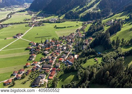 Aerial Drone Shot Of Zillertal Valley With Clouds In Tyrol Austria Summer