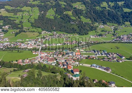 Aerial Drone Shot Of Zillertal Valley With Clouds In Tyrol Austria Summer