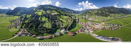 360 Panorama Aerial View Of Zillertal Valley Village In Sunny Summer Afternoon In Tyrol Austria
