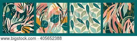 Abstract Collection Of Seamless Patterns With Tropiclal Leaves . Vector Design