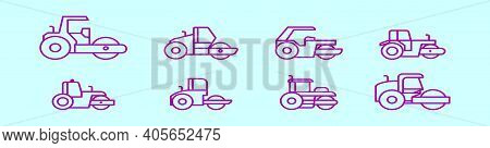 Set Of Steam Roller Cartoon Icon Design Template With Various Models. Modern Vector Illustration Iso
