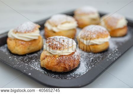 Traditional Home Made Swedish Semlor Pastry On A Table
