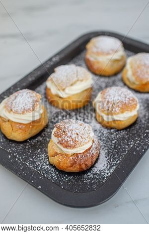 Traditional Home Made Swedish Semlor Pastry On A Table