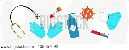 Set For Doctor, Stethoscope, Antiseptic, Syringe, Vaccine, Mask, Gloves.