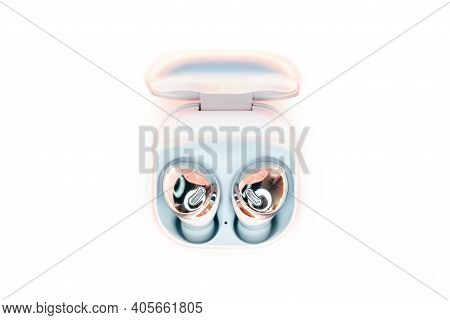 Kiev, Ukraine - January 29, 2021: A Box With New Headphones Samsung Buds Pro On White Background. Is