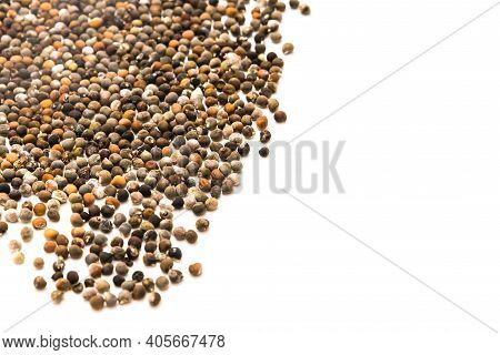Many Okra Or Lady Fingers, Abelmoschus Esculentus Seeds Spreading Isolated On White Background