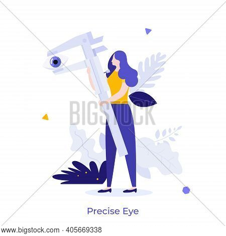 Woman Measuring Human Eye With Vernier Caliper. Concept Of Engineering Tool For Precise Dimension Me
