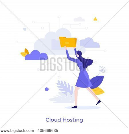 Woman Putting Floder On Cloud. Concept Of Internet Hosting, Online Service For File Management And D