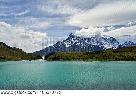 Mountains Of Torres Del Paine Covered With Snow At Torres Del Paine National Park In The Andes Of So
