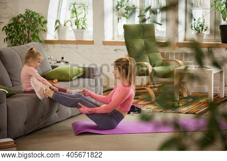Abs Workout. Young Woman Exercising Fitness, Aerobic, Yoga At Home, Sporty Lifestyle. Getting Active