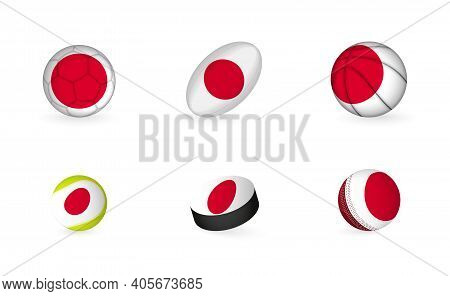 Sports Equipment With Flag Of Japan. Sports Icon Set Of Football, Rugby, Basketball, Tennis, Hockey,