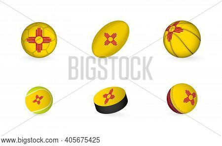 Sports Equipment With Flag Of New Mexico. Sports Icon Set Of Football, Rugby, Basketball, Tennis, Ho