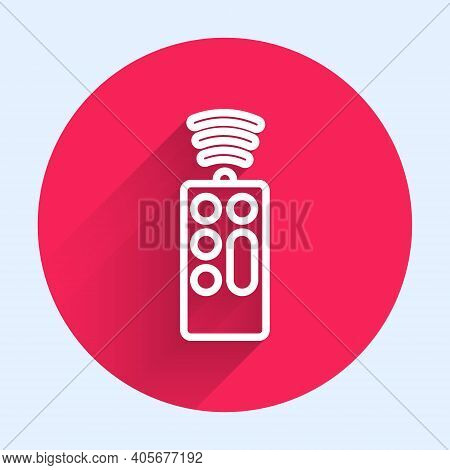 White Line Remote Control Icon Isolated With Long Shadow. Red Circle Button. Vector