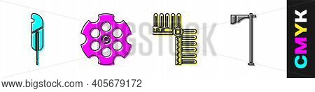 Set Feather Pen, Revolver Cylinder, Indian Headdress With Feathers And Tomahawk Axe Icon. Vector