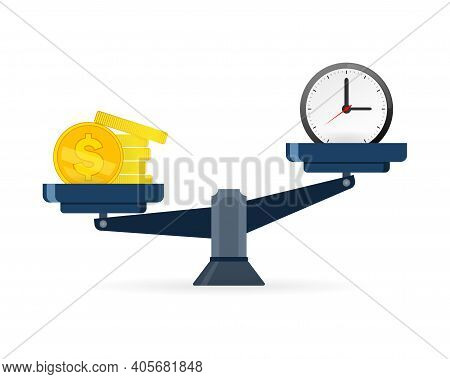 Concept Of Time And Money. Time Is More Valuable Than Money. Time Is Money On Scales Icon On A White