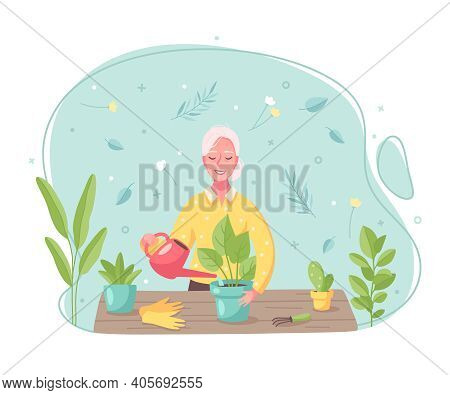 Hobby Pastime Activities Cartoon Composition With Woman Watering Repotting Taking Care Of Plants Fla