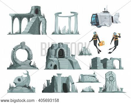 Atlantis Ruins Cartoon Icons Set Of Elements For Computer Game Isolated Vector Illustration