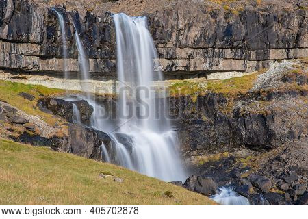 Waterfall Bergarfoss In Hornafjordur In South Iceland
