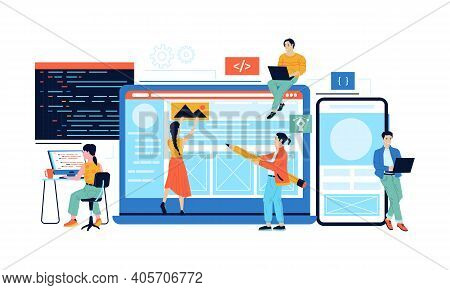 App Development. Web Page Content Management. Project Coding And Programming Concept. Cartoon Team O