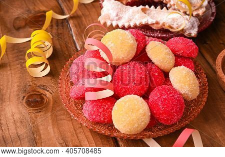 Baked Castagnole. Traditional Sweet Pastries During The Carnival Period In Italy. Street Food, Round