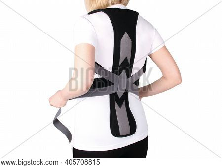 Orthopedic Lumbar Corset On The Human Body. Back Brace, Waist Support Belt For Back. Posture Correct