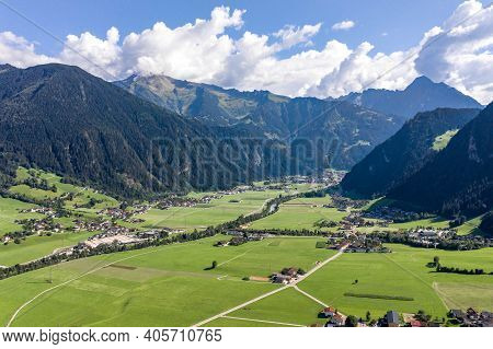 Aerial Drone Shot Of Zillertal Valley With Clouds In Tyrol Austria Summer