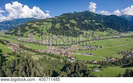 Aerial Drone Shot Of Zillertal Valley With Clouds In Tyrol Austria Summer