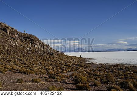Fish Island At Salar De Uyuni, Salar De Tunupa, Worlds Largest Salt Flat, In The Altiplano Of Bolivi
