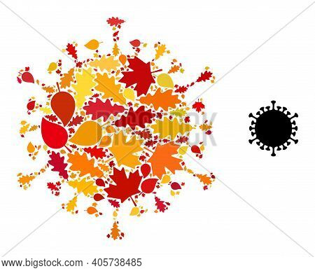 Covid Mosaic Icon Done For Fall Season. Vector Covid Mosaic Is Done Of Randomized Autumn Maple And O