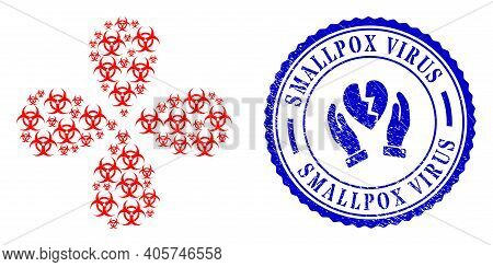 Biohazard Exploding Abstract Flower, And Blue Round Smallpox Virus Textured Seal With Icon Inside. E