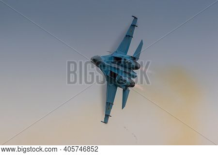 Fairford, Uk - 15th July 2017: A Sukhoi Su-27 Flanker Fighter Aircraft In Flight
