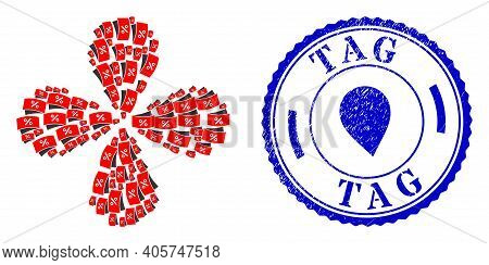 Discount Coupones Twirl Abstract Flower, And Blue Round Tag Rubber Watermark With Icon Inside. Objec