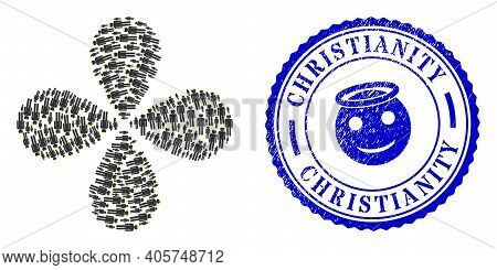 Holy Man Figure Explosion Flower Cluster, And Blue Round Christianity Scratched Stamp Print With Ico